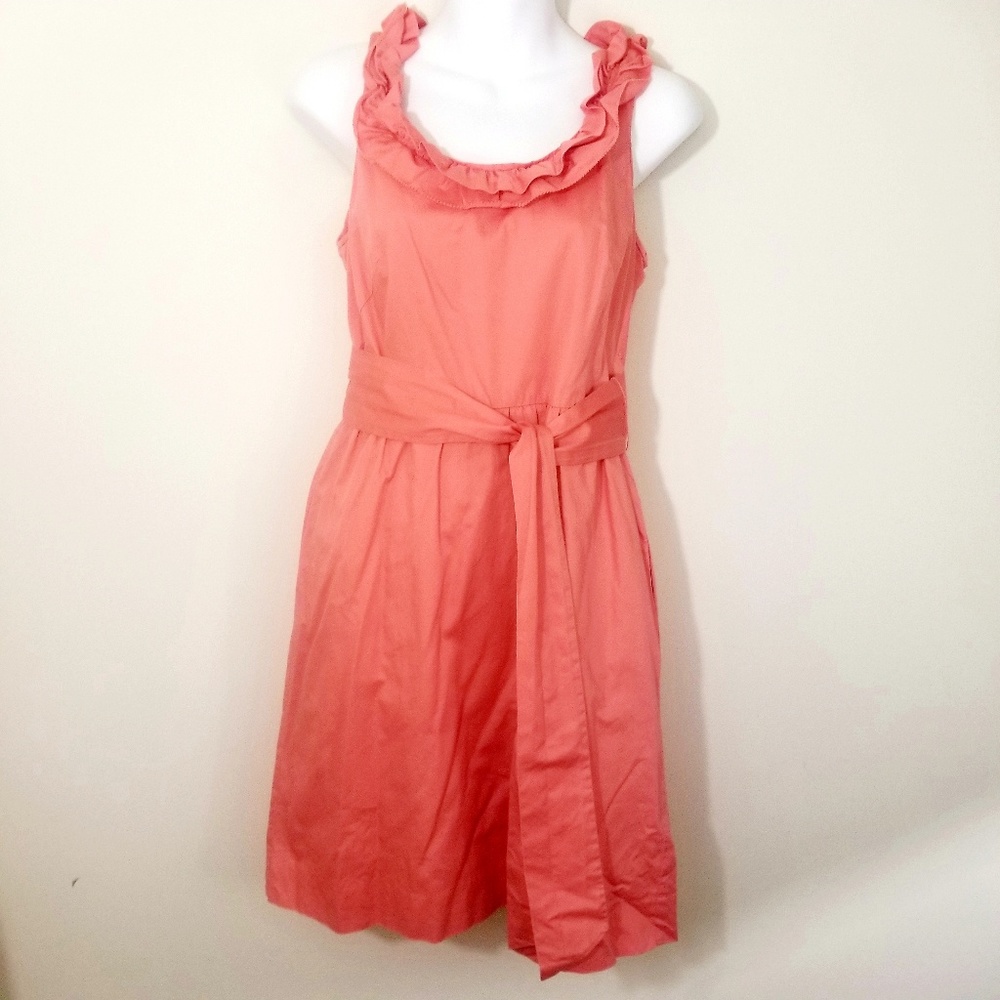 J.Crew coral cotton ruffle neckline dress Size 6